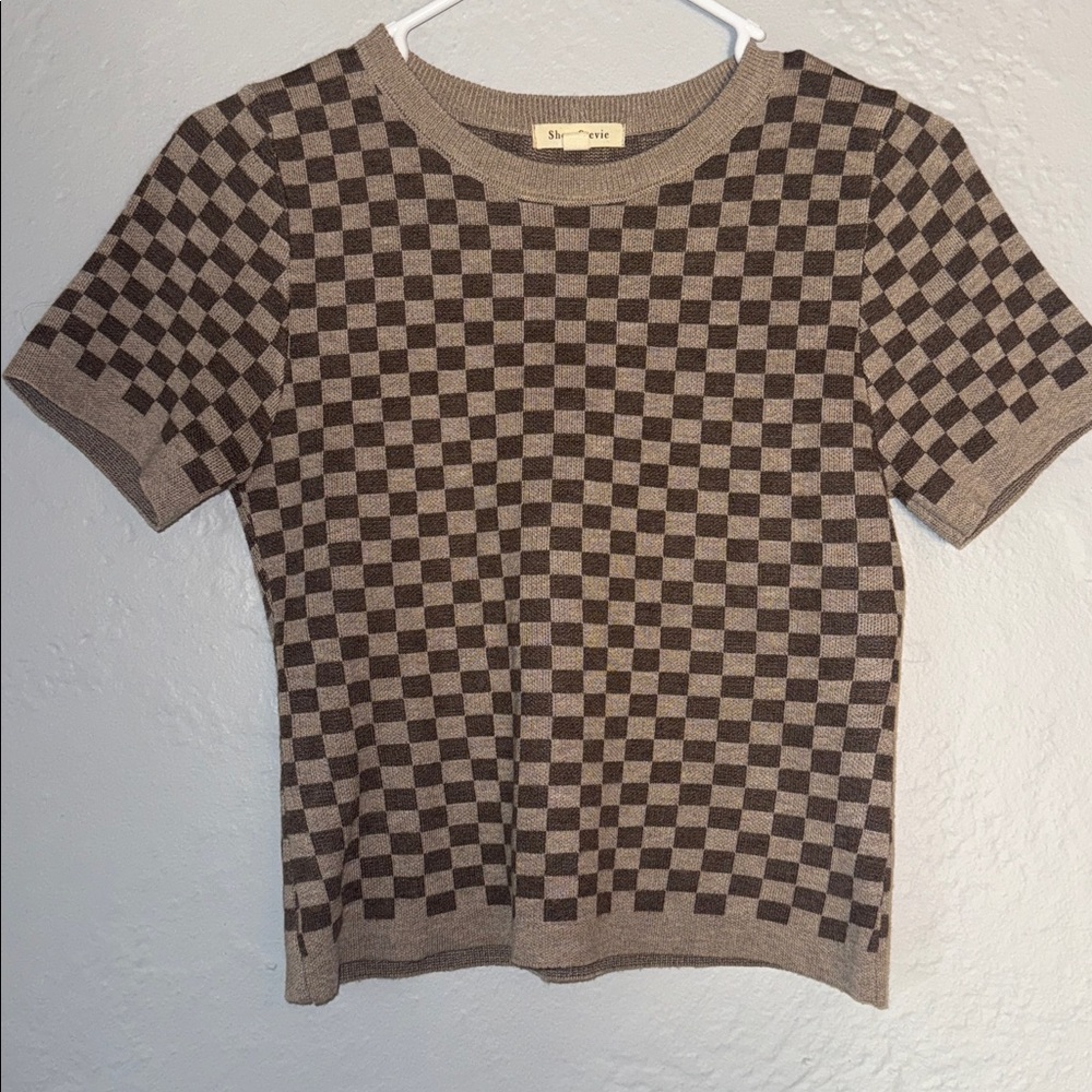 Shop Stevie Taupe Checkered Knit Top
